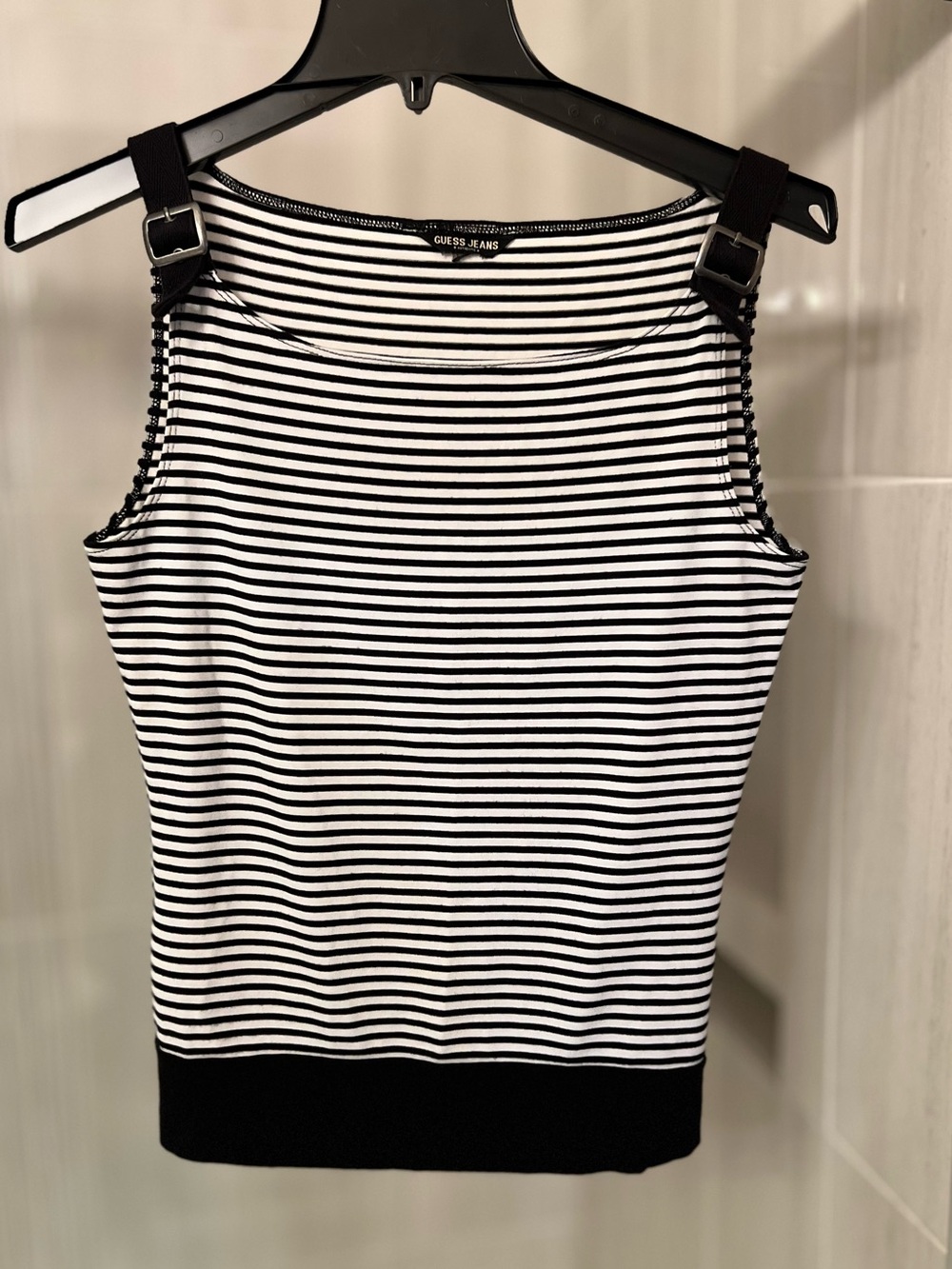 Guess Jeans Vintage Black White Striped Buckle Strap Tank Top